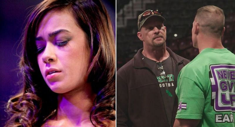 AJ Lee; Stone Cold having a chat with John Cena in a backstage area