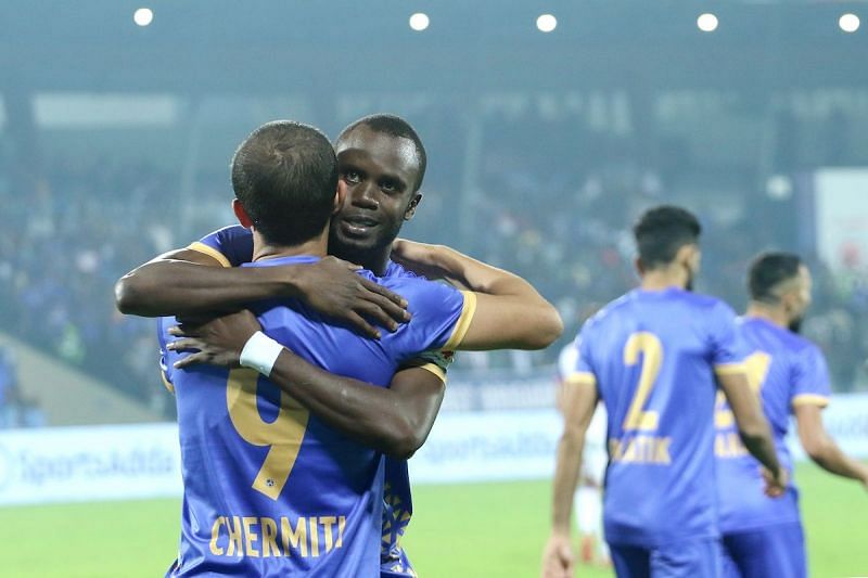 Amine Chermiti and Modou Sougou celebrate after scoring for Mumbai City FC last season
