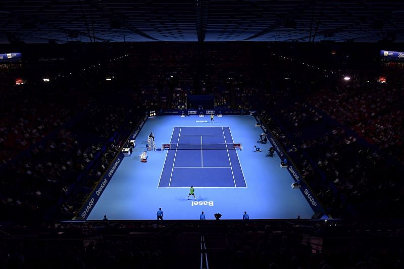 The Swiss Indoors ATP 500 tennis tournament being held at St Jakobshalle in October 2016 in Basel