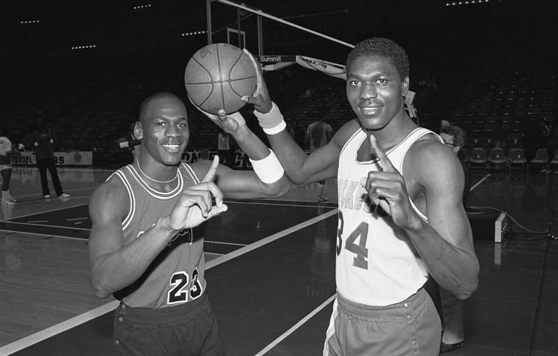 Michael Jordan and Hakeem Olajuwon in their early NBA days: Houston Chronicle.