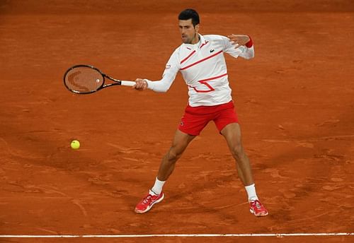 Novak Djokovic hits a shot from the baseline during the 2020 French Open