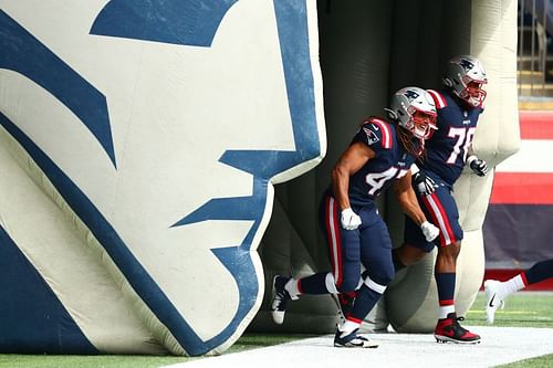 Patriots FB Jakob Johnson exits the tunnel before the Patriots-Las Vegas Raiders game.