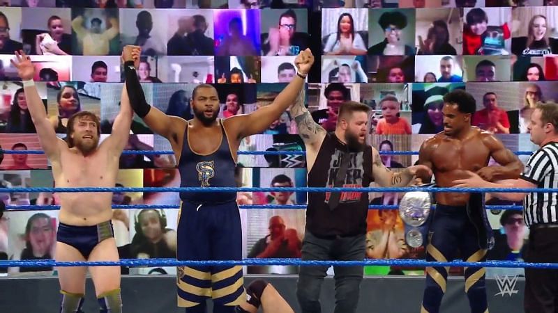 The Street Profits, Kevin Owens and Daniel Bryan celebrating their win on this week&#039;s SmackDown