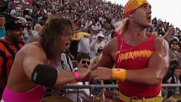 Hulk Hogan and Bret Hart at WrestleMania IX, where Hulk Hogan faced Yokozuna after the wrestler beat Hart earlier in the night