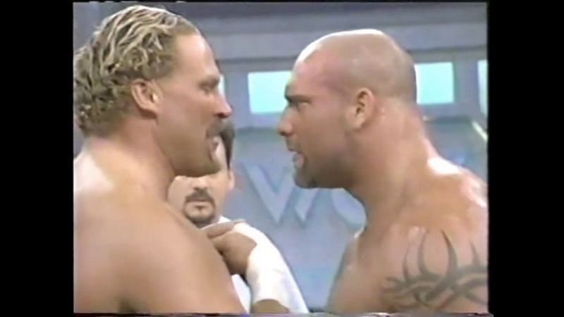 John Nord fka The Berzerker and Goldberg stare each other down during their match on July 4th, 1998