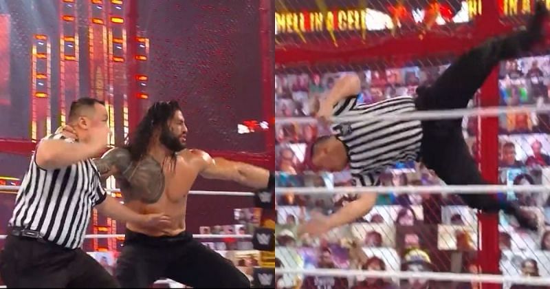 Roman Reigns sent WWE referee Brian Nguyen flying outside the ring.