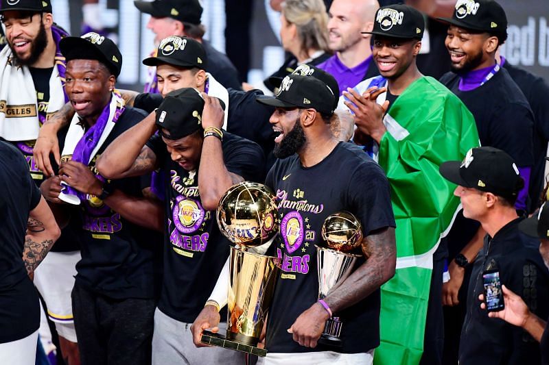 LeBron James and his teammates celebrate the Lakers&#039; 2020 NBA title.
