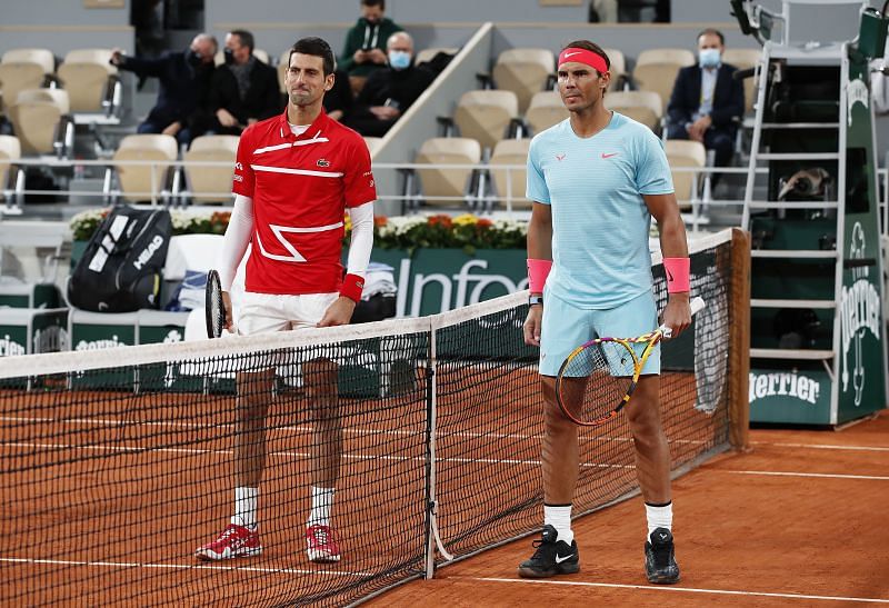 Rafael Nadal (R) and Novak Djokovic ahead of their Men&#039;s Singles Final at the 20020 French Open
