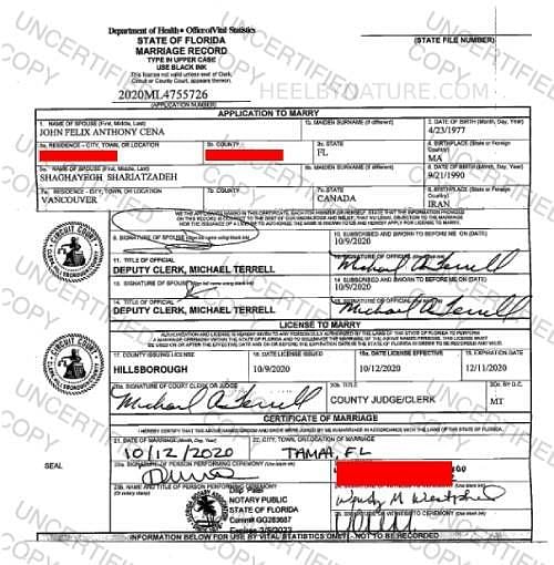 Photo of John Cena and Shay Shariatzadeh's marriage license