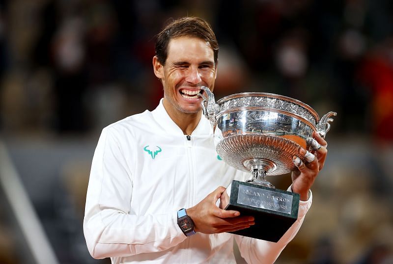 Rafael Nadal with his 2020 French Open trophy.