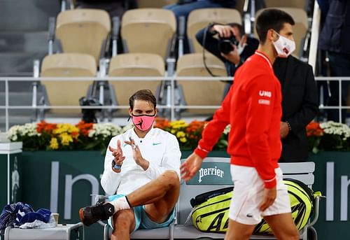 Novak Djokovic (R) and Rafael Nadal after the 2020 French Open final