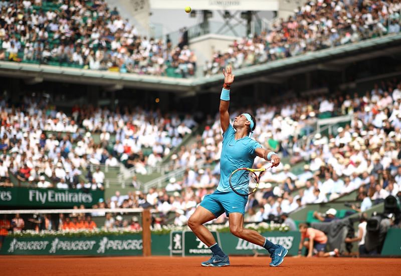 Rafael Nadal preparing to serve