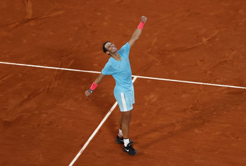 Rafael Nadal celebrating his win over Novak Djokovic