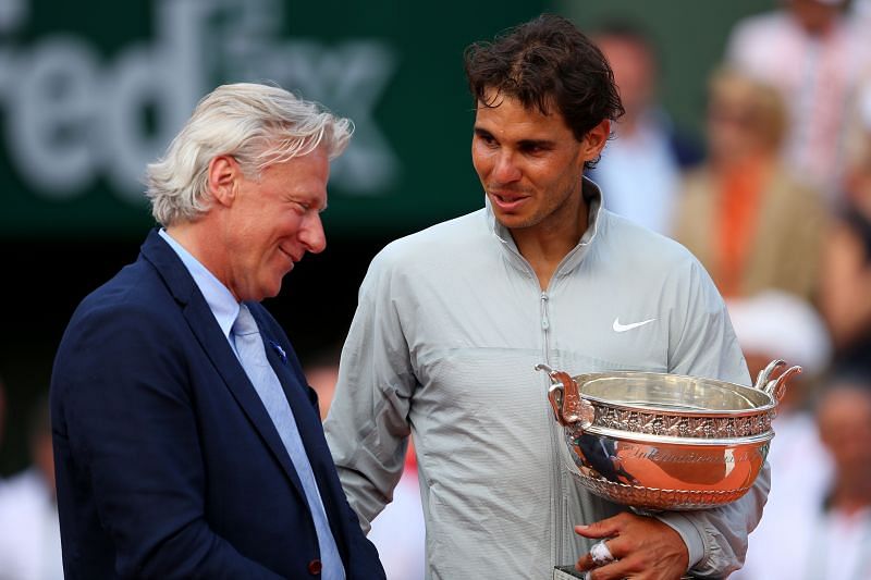 Rafael Nadal speaks with Bjorn Borg after the men&#039;s singles final at Roland Garros in 2014