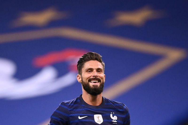 Olivier Giroud rejoices after scoring a goal for France