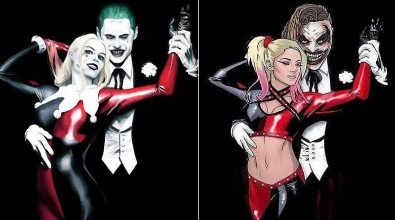 Art: Joker &amp; Harley Quinn (left) and The Fiend &amp; Alexa Bliss (right)