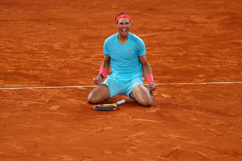 Rafael Nadal celebrates after winning his 20th Grand Slam title in Paris