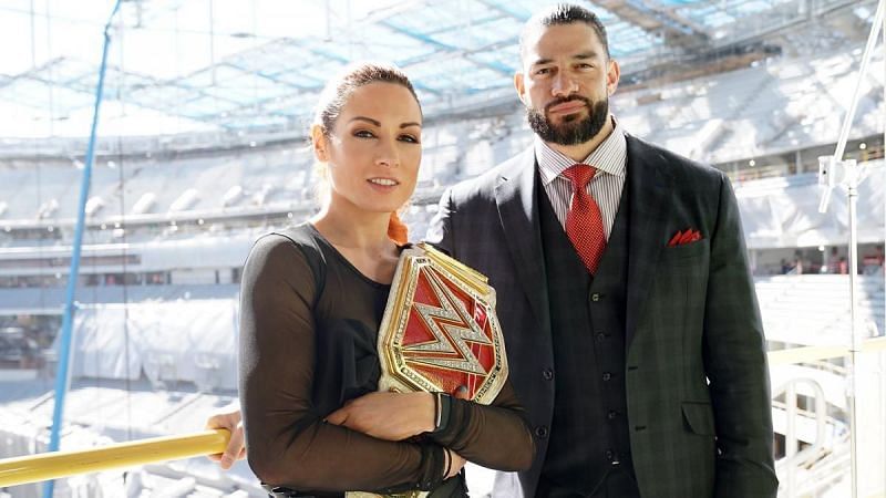 Becky Lynch and Roman Reigns at the SoFi stadium