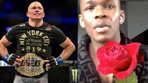 Israel Adesanya offers a rose to Georges St-Pierre