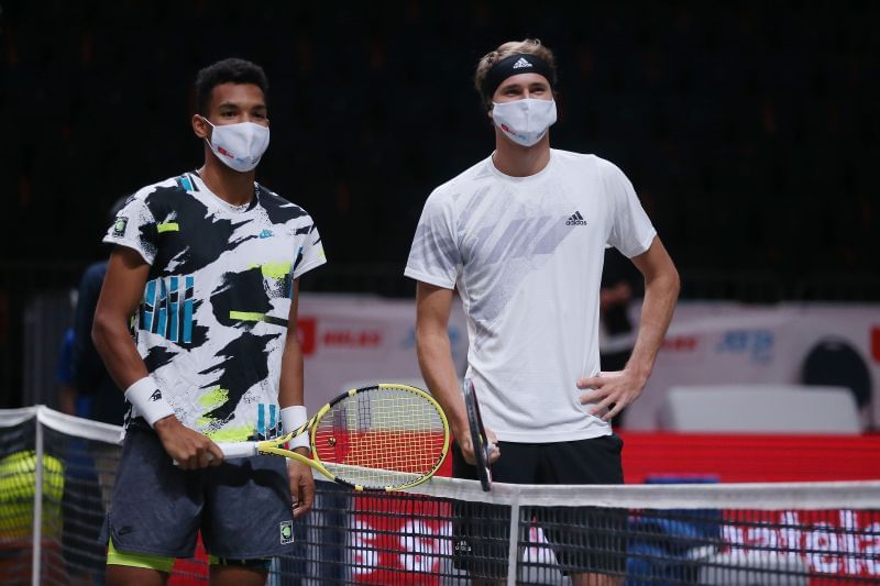 Felix Auger-Aliassime (L) and Alexander Zverev ahead of the final in the Cologne 1 event last week