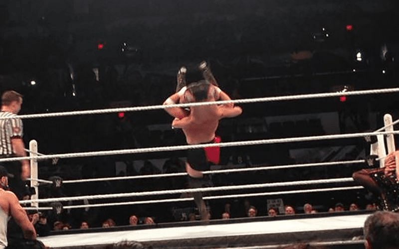 Samoa Joe delivering the career-ending Muscle Buster on Tyson Kidd