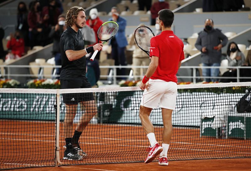 Stefanos Tsitsipas (L) and Novak Djokovic