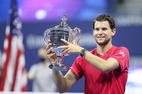 Dominic Thiem poses with the championship trophy after beating Alexander Zverev at the 2020 US Open