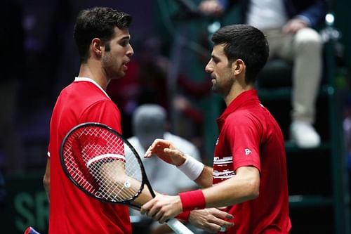 Karen Khachanov (L) and Novak Djokovic at the 2019 Davis Cup