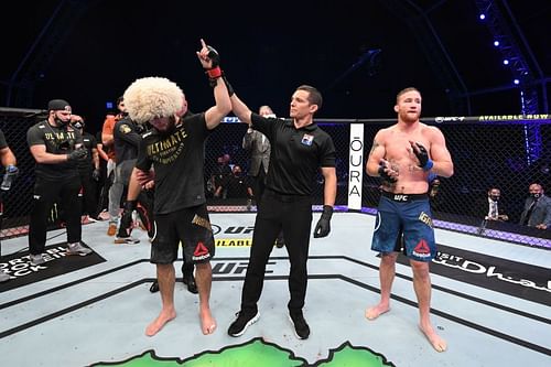 Khabib Nurmagomedov of Russia celebrates his victory over Justin Gaethje