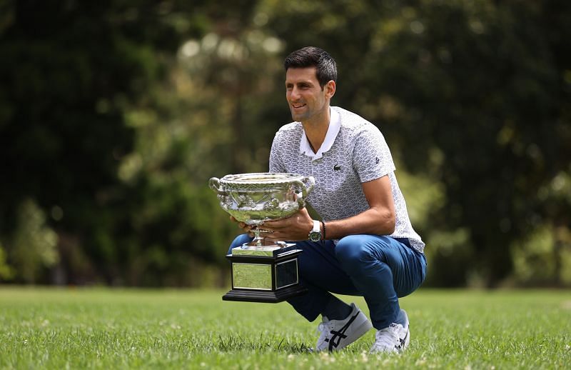 Novak Djokovic with the 2020 Australian Open Men&#039;s Trophy in Melbourne