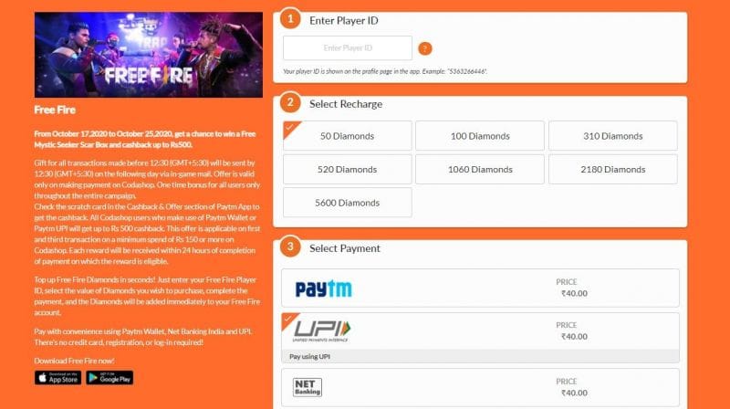Free Fire: How to top-up diamonds from Codashop