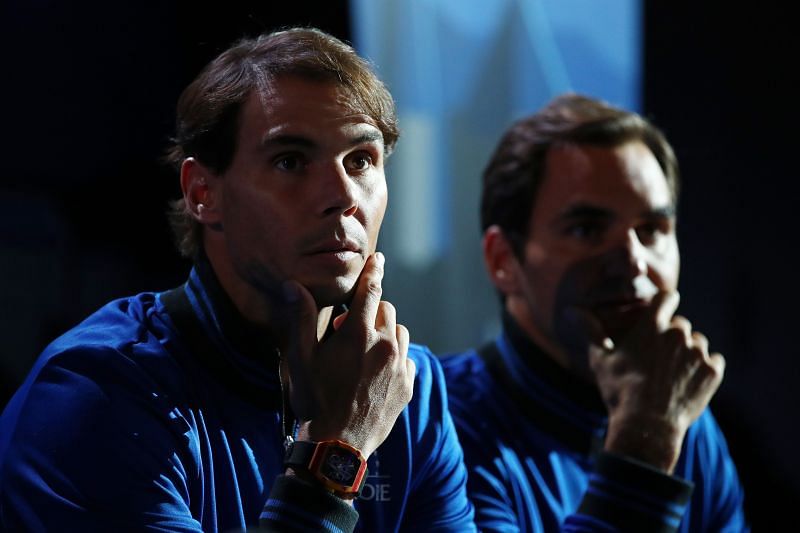 Rafael Nadal and Roger Federer of Team Europe at the Laver Cup 2019 in Geneva, Switzerland.