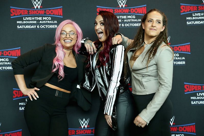 Liv Morgan (L) with Ruby Riott (C) and Sarah Logan (R)