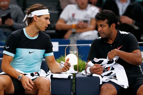 Rafael Nadal (L) and Leander Paes.