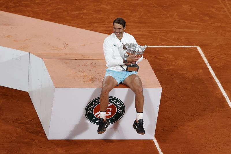 Rafael Nadal of Spain poses with the winners trophy after winning the 2020 French Open