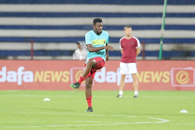 Asamoah Gyan warms up for NorthEast United FC last season