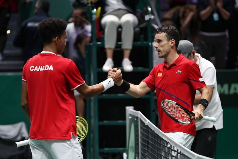 Felix Auger Aliassime (L) and Roberto Bautista Agut at the 2019 Davis Cup