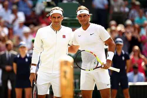 Roger Federer and Rafael Nadal prior to their men's singles semi-final match at Wimbledon 2019