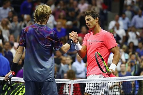 Andrey Rublev (L) and Rafael Nadal (R)