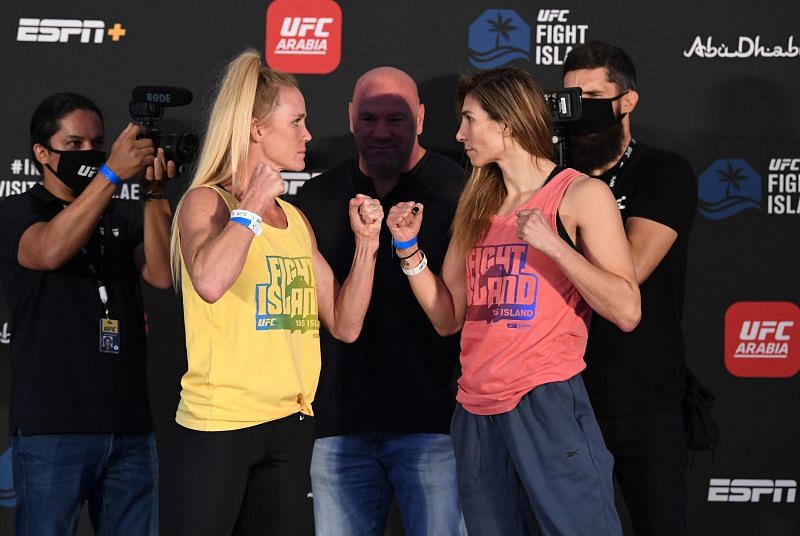Opponents Holly Holm and Irene Aldana of Mexico face off
