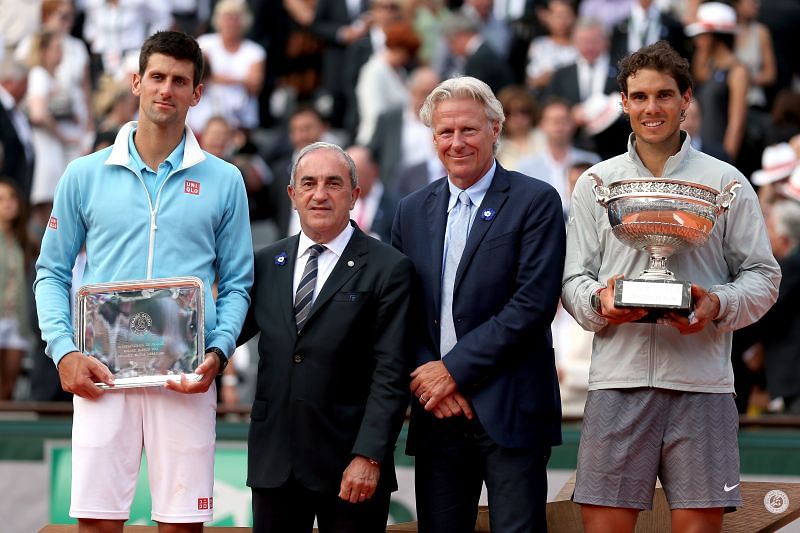 Rafael Nadal and Novak Djokovic after the men&#039;s singles final at Roland Garros in 2014
