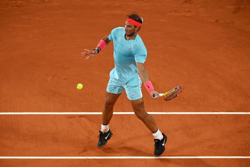 Rafael Nadal hits a forehand