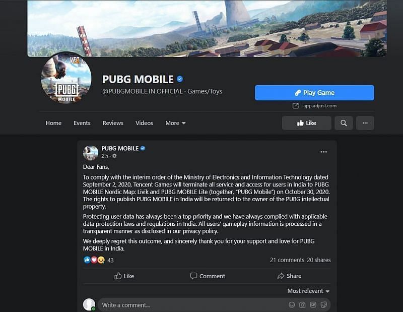 The official post on the PUBG Facebook profile (Image Credits: Sportskeeda)