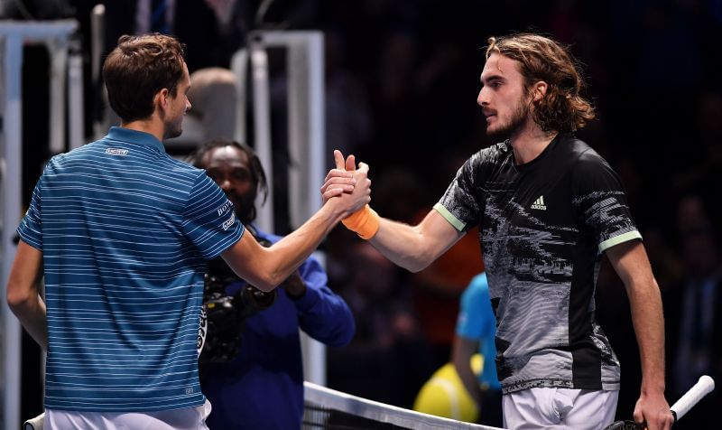 Daniil Medvedev (L) and Stefanos Tsitsipas at Nitto ATP Finals 2019