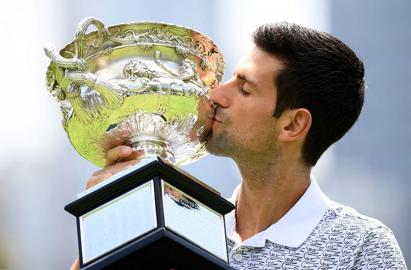 Novak Djokovic with the 2020 Australian Open Men&#039;s Trophy in Melbourne, Australia