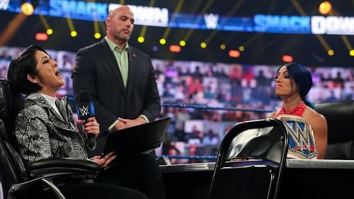 Bayley and Sasha Banks in their contract signing on SmackDown
