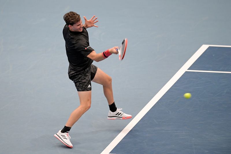 Dominic Thiem plays a forehand during his first round match at the Erste Bank Open