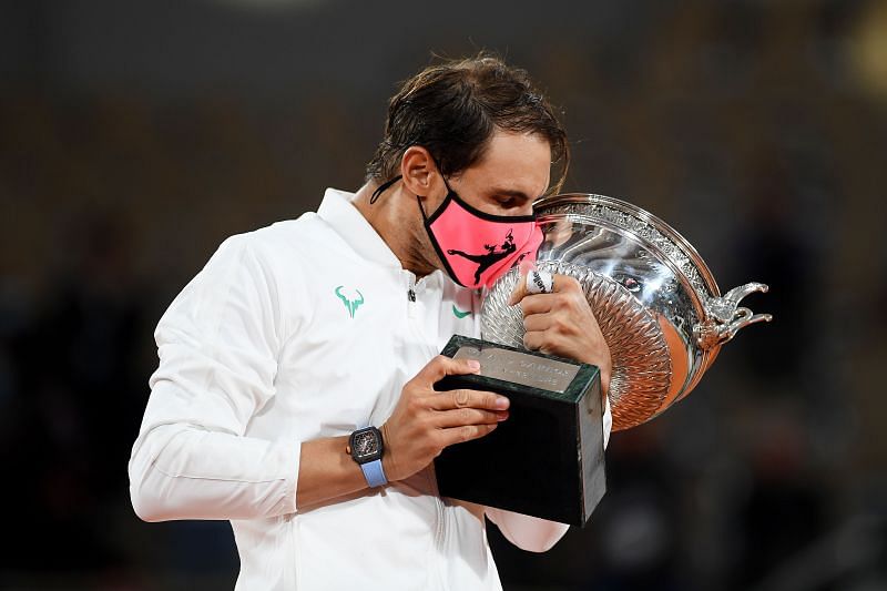 Rafael Nadal with the winner's trophy at the 2020 French Open