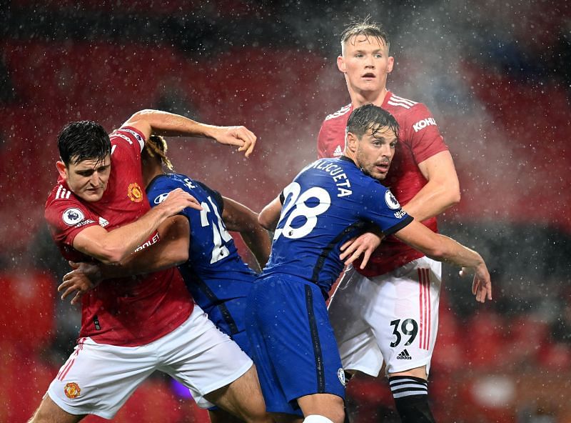 Manchester United&#039;s Harry Maguire and Chelsea&#039;s Cesar Azpilicueta were involved in an incident