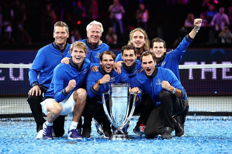 Team Europe, including Roger Federer and Dominic Thiem, pose with their 2019 Laver Cup.